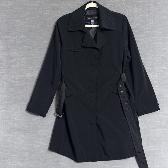 New York Co Trench Coat M Black Belted Long Rain Jacket Classic Retro Fall Layer - Picture 5 of 13